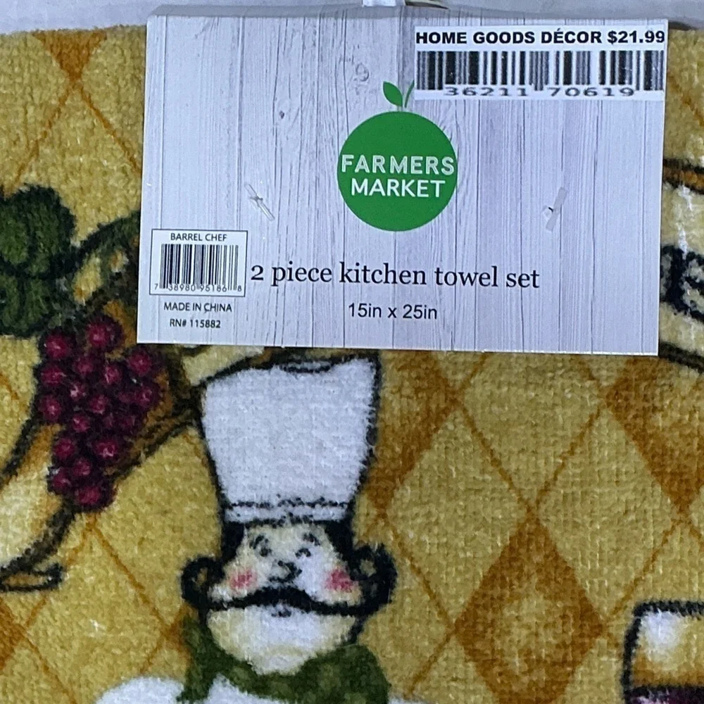 Farmers Market Kitchen Towels Wine Barrel Chef Cotton Velour Terry Set 2 Pieces